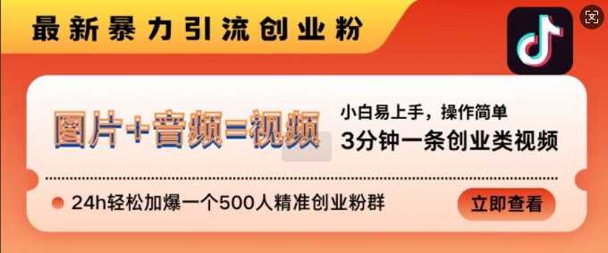 抖音最新暴力引流创业粉,3分钟一条创业类视频,24h轻松加爆一个500人精准创业粉群【揭秘】