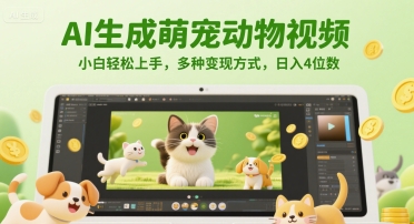 AI生成萌宠动物视频,小白轻松上手,多种变现方式,日入4位数