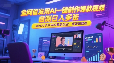 全网首发用AI一键制作爆款视频，自测日入多张，适合大学生宝妈兼职创业，保姆级教程