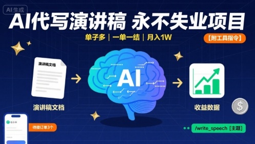 AI代写演讲稿，永不失业项目，单子多，一单一结，月入1W【附工具指令】