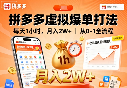 拼多多虚拟爆单打法，每天1小时，月入2W+，从0-1全流程