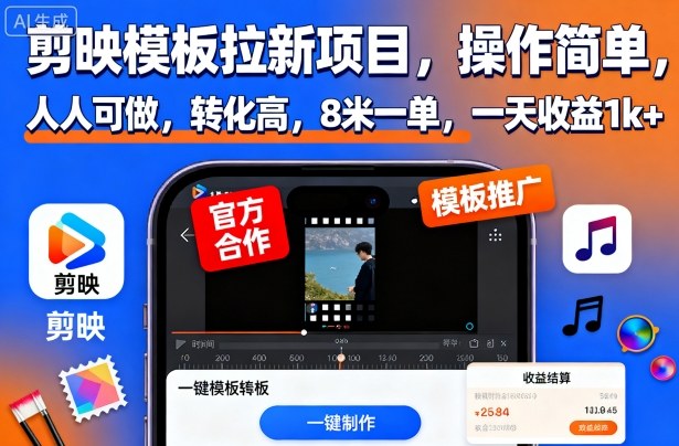 剪映模板拉新项目，操作简单，人人可做，转化高，8米一单，一天收益1k+