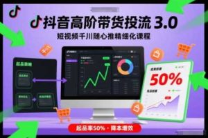 抖音高阶带货投流3.0，短视频千川随心推精细化课程，起品率50%